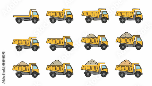 Dump Truck Collection Empty Loaded and Transporting Materials.