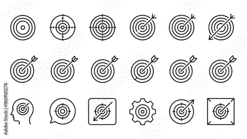 Target and Goal Line Icons Set – Strategy, Focus, Success and Achievement Symbols
