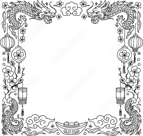 Chinese New Year Dragon Border Frame Line Art Illustration with Lanterns and Copy Space