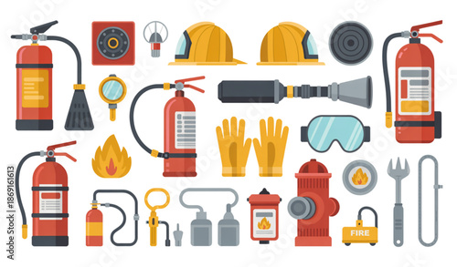 Flat cartoon fire fighting equipment objects set isolated on white background
