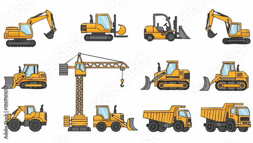 Yellow Heavy Construction Machinery Set.