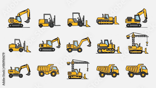 Yellow construction vehicles set on white background.