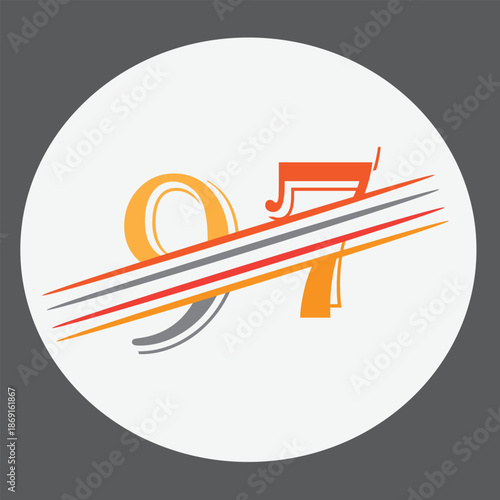 Modern abstract logo design featuring the number 97 stylized with dynamic diagonal lines and musical note elements inside a white circle, suitable for radio station, music brand, or entertainment comp