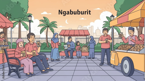 Ngabuburit illustration of Muslim people gathering at street food market in the afternoon waiting for Iftar during Ramadan holy month