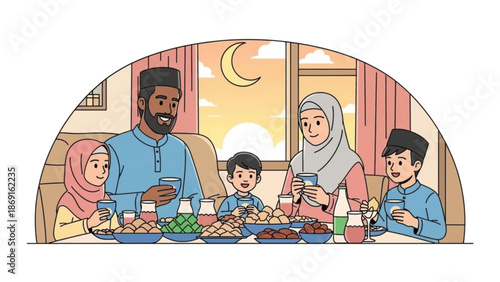 Happy Muslim family having Iftar meal during Ramadan. Illustration of a father mother and three children breaking the fast at sunset