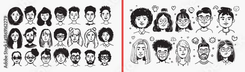 kids face illustration, teen portrait drawings, child character icons, young people avatars, cartoon kids faces, people face vector, portrait clipart pack, character illustration set, cute face drawin