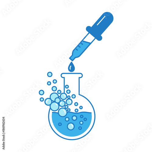 Blue liquid dropper adding drop to laboratory flask with bubbles, science experiment concept