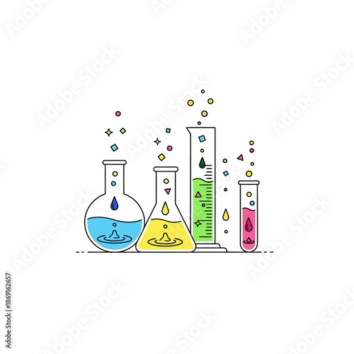 Chemical Laboratory Equipment: Flasks, Beakers, and Test Tubes with Colorful Bubbles