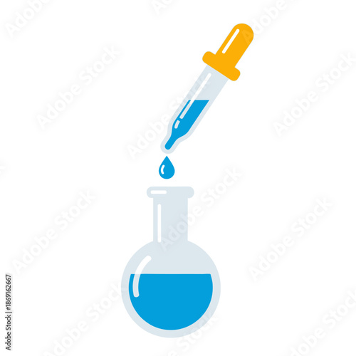 Pipette dropping blue liquid into laboratory flask, scientific research concept