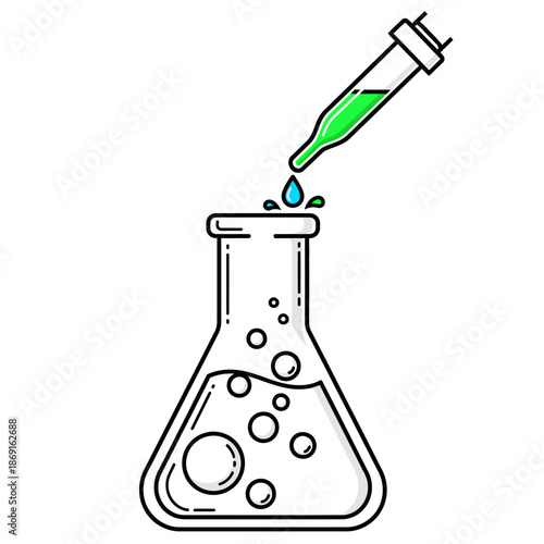 Dropper adding green liquid to laboratory flask with bubbles, science experiment illustration