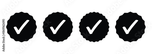 Check tick mark on wavy edge black star burst. Star burst shape tag with approved icon. Premium official account. Verify icon stamp. Black star burst set isolated on white background.