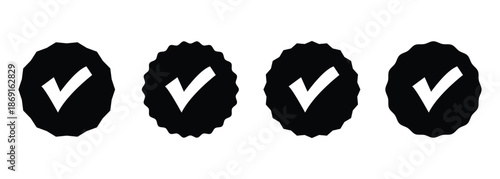 Black star burst check mark icon set. Check mark vector icon. Checkmark illustration. Vector symbols set, Black star burst checkmark isolated on white background.