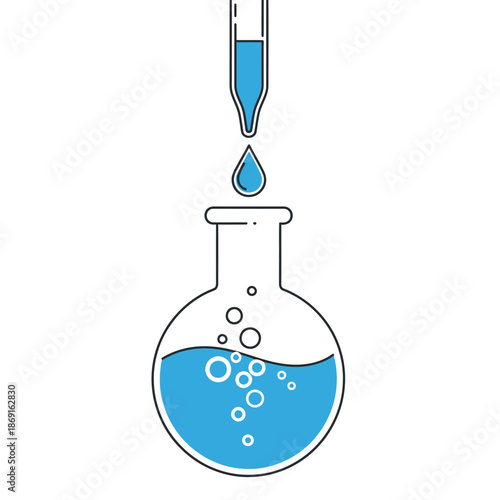 Scientific experiment with liquid dropping into flask, laboratory research, chemistry, biology, medicine