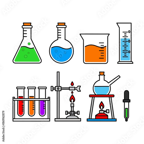 Science Lab Equipment Collection: Beaker, Flasks, Test Tubes, Burner, Dropper