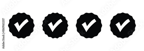 Verified check mark in black starburst icon set. Vector badge icon ideal for approval marks, quality checks, and verified status. Isolated on transparent background.