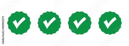 Green color vector starburst badge with a white checkmark. Check mark icon set  perfect to used for approval, confirmation, or a verified status.