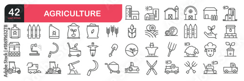 Set of line icons related to  Farm, Field, Nature, Farmer, Agricultural, Harvest, Plant, Growth. Outline icons collection. Editable stroke. Vector illustration