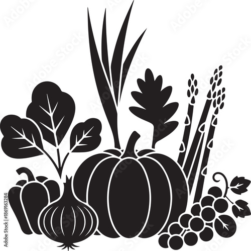 Black and white vegetable illustration set with pumpkin