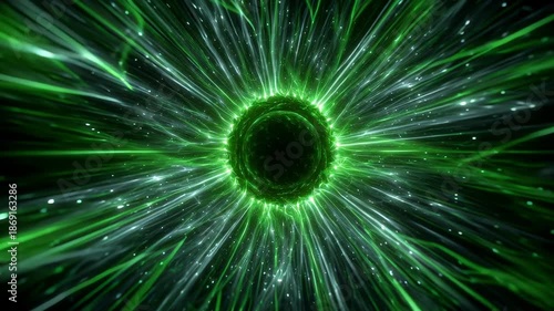 Pulsating Energy Sphere Emitting Radiant Green Light Rays in Dark Space Closeup