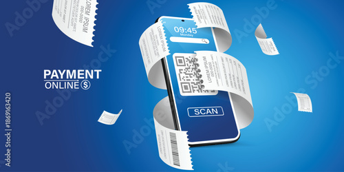 Bill of expenses is on mobile phone.Pay bills with mobile phone.Online shopping spending.Online shopping via smartphone.Bill payment flat isometric vector concept of mobile payment, shopping, banking.