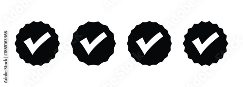 Verified check mark in black starburst icon set. Vector badge icon ideal for approval marks, quality checks, and verified status. Isolated on transparent background.