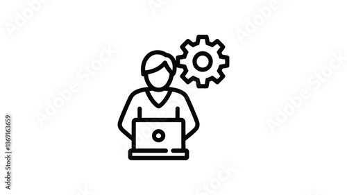 Developer Working on Laptop with Settings Gear Icon – Line Style Illustration
