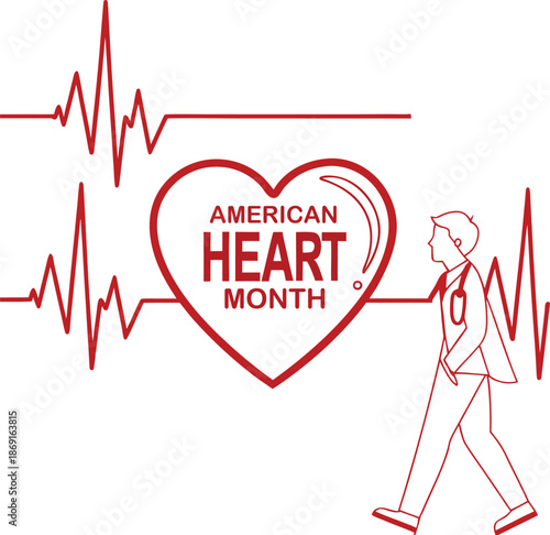 American heart month illustration with a doctor and ecg lines promoting cardiovascular health awareness 