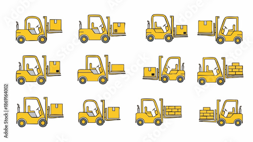 Yellow Forklifts Handling Cargo Set.
