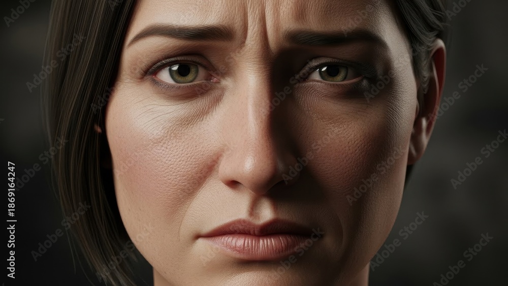 Fototapeta premium A detailed portrait of a woman displaying a troubled and contemplative expression, revealing human