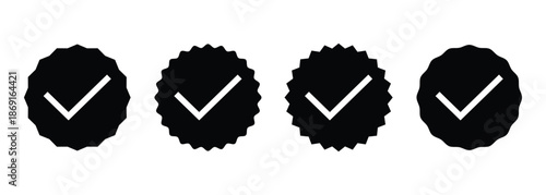 Modern vector black tick mark star burst design collection for verification and approval with diverse shapes.