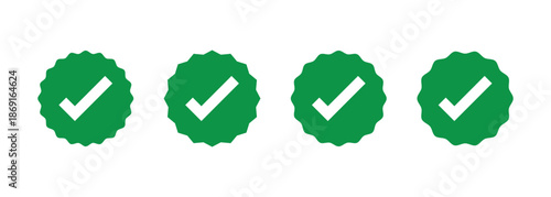 Green color check mark star burst with white tick symbol for Verification, approval, achievement and other design elements.