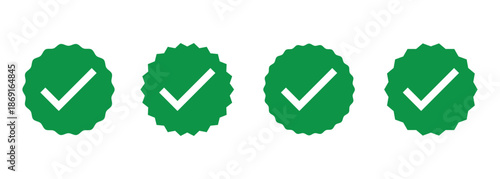 Green color check mark star burst with white tick symbol for Verification, approval, achievement and other design elements.