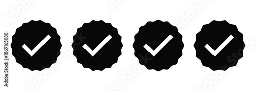 Black color starburst badge with a white checkmark symbolizing approval, success, completion and verification.