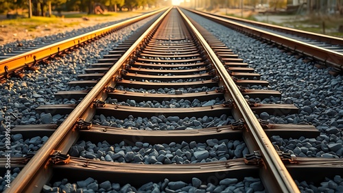 trackbed. Railway trackbed of wooden sleepers and ballast extending into distance. mobility guides, transit brochures, designed for transport & logistics marketing.