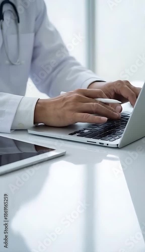 Doctor Typing on Silver Laptop at White Desk with Tablet Wearing White Coat and Stethoscope in Brightly Lit Office