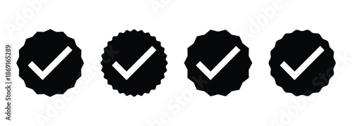 Verified Check mark black  starburst set isolated on white background ideal for Confirmation, Success, Validation.