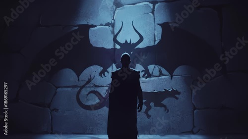Man Casting Shadows of Dragon and Hellhound on Stone Wall