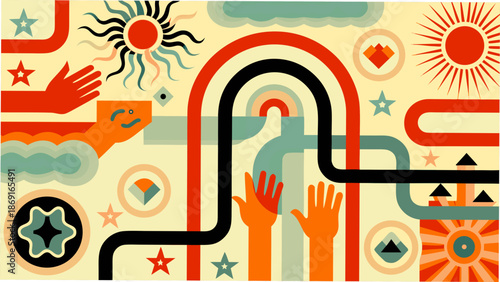 Vibrant abstract illustration of hands reaching for connection under colorful sky