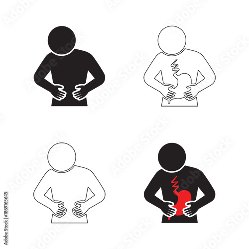 A person having a stomach ache. Pictogram Vector illustration. Silhouette and Line Art Styles