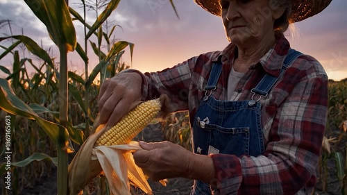 Harvest Time: A dedicated farmer, amidst a field of golden corn, delicately husks an ear of corn, with the soft hues of the sunset illuminating the scene.