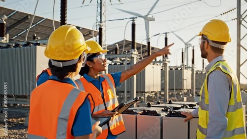 Empowering Progress: A group of diligent engineers, clad in safety gear, gathers at an electrical substation to strategize, symbolizing their commitment to a sustainable energy future.