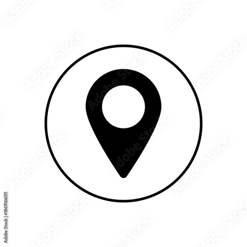 Black location pin icon within a white circle for navigation and mapping services