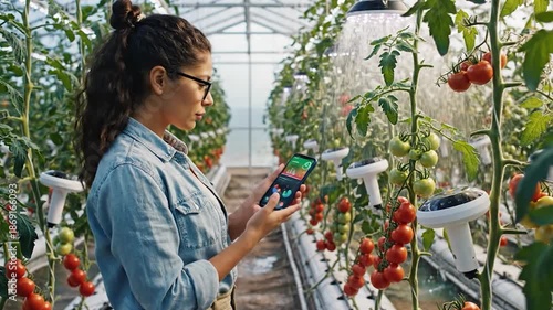 Digital Greenhouse Management: A dedicated professional tends to her crops within the controlled environment of a greenhouse, utilizing smart technology to optimize growth and harvest.