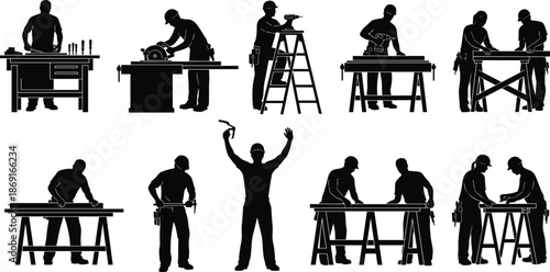 Woodworking and construction silhouettes set showing carpenters cutting wood, drilling, measuring, assembling furniture, and performing professional workshop labor tasks