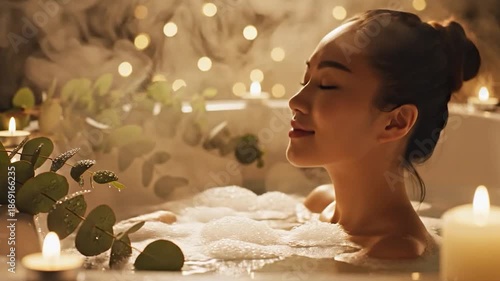 Serene Spa Moment: A woman indulges in a relaxing, steamy bath filled with bubbles, lit by warm candlelight and the soft glow of fairy lights.
