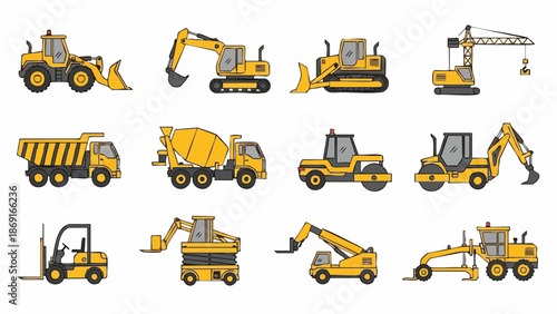 Yellow construction vehicles set machinery collection.