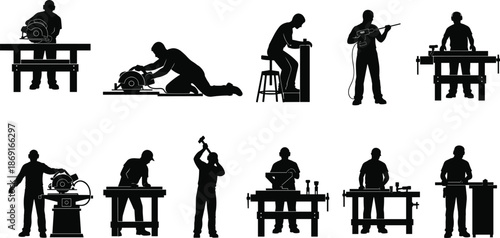 Woodworking silhouettes set showing carpenters cutting, drilling, sanding, hammering, and crafting wood in professional workshop environments