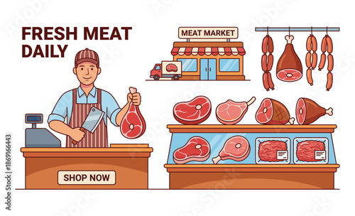 Butcher's Fresh Meat Daily: A butcher stands proudly beside an array of fresh cuts of meat, sausages, and a delivery truck.