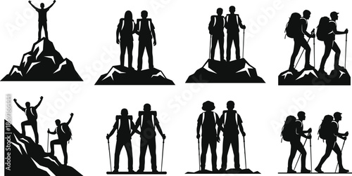 Mountain hiking silhouettes set illustrating backpackers trekking together, reaching summits, teamwork climbing peaks, and enjoying outdoor adventure travel success