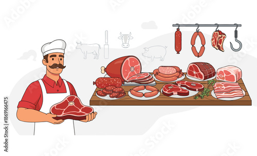 Master Butcher's Fresh Cuts: A skilled butcher presents an array of expertly prepared meats, sausages, and cuts, showcasing quality and culinary expertise in a professional setting.